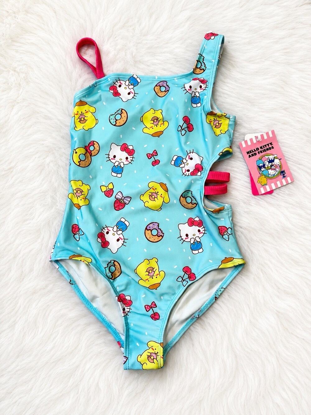 Hello Kitty And Friends Sanrio One-Piece Swimsuit Girls Blue 7/8- NWT SPF 50+